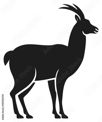 Silhouette illustration of a deer with curved horns, side profile, standing elegant
