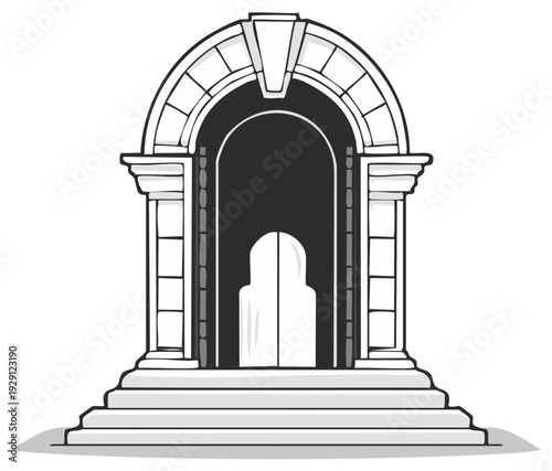 Grand Archway Entrance with Steps Leading to a Dark Interior and Double Doors