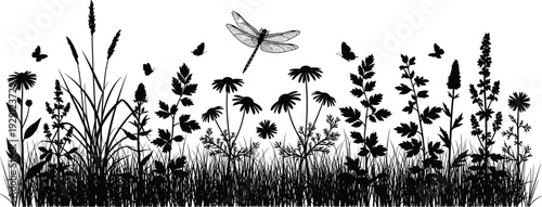 Black-and-white vector silhouette illustration of meadow with wildflowers, grasses, butterflies, and dragonfly, symbolizing biodiversity, nature, entomology, and botanical design themes