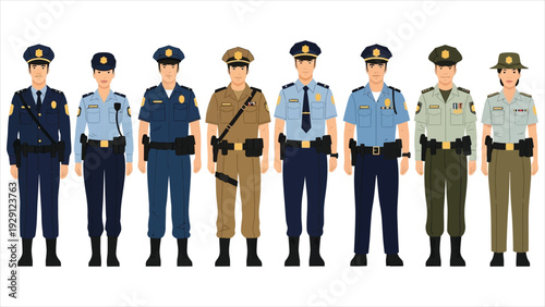 International Law Enforcement Diverse Police Officers in Global Uniforms.