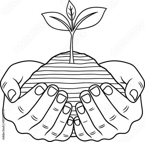 Hands holding soil with growing plant, environmental protection concept, sustainability and eco friendly symbol isolated on white background