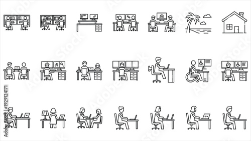 Set of 30 outline icons related to workspace. Linear icon collection. Editable stroke. Vector illustration.