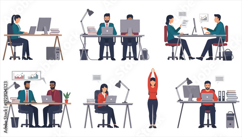 Set of office clerks communicating, having break, working with computer and documents at workplaces. Collection of colleagues chatting