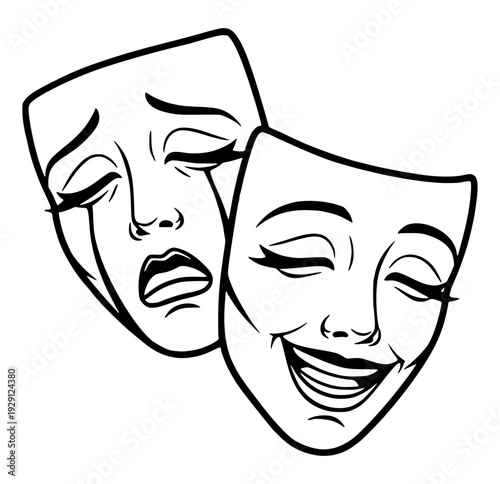 Classic Theater Masks Representing Tragedy And Comedy With Laugh Now Cry Later Theme, Dramatic Drama Faces Silhouette For Artistic Design