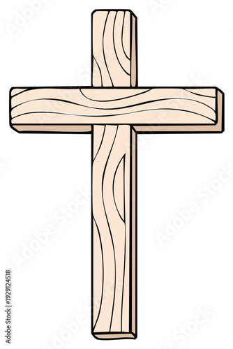 Simple Wooden Cross Illustration Symbolizing Faith and Spirituality in Light Beige Tones with Textured Wood Grain and Black Outlines