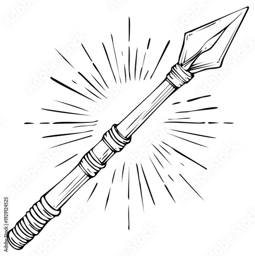 Hand-drawn spear with sharp arrowhead and wooden shaft radiating power and energy, a symbol of ancient strength and warrior heritage
