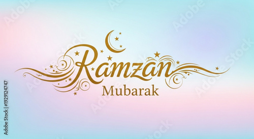 Ramzan mubarak greeting card with golden text and crescent moon on pastel background