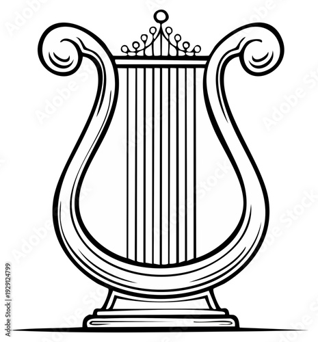 Illustration of a Classical Lyre Instrument, Musical Stringed Instrument, in Black and White