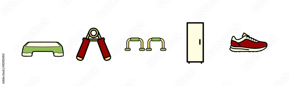 Obraz premium Gym equipment icons set including bench, weights, and door