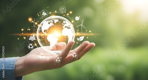 human hand  holding a sustainability icons  transparent digital globe, surrounded exclusively by glowing solar panel and sun icons, responsible business growth and climate action