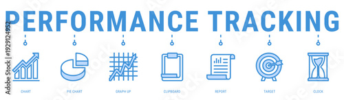 Performance Tracking web banner icon vector illustration featuring Chart, Pie Chart, Graph Up, Clipboard, Report and Target