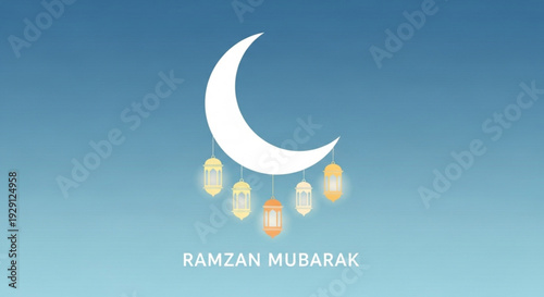 Ramadan mubarak greeting card with crescent moon and lanterns on blue background for festive islamic holiday