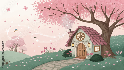 Cozy fairy tale cottage under blooming cherry blossom tree