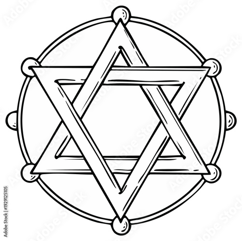 Hand-drawn Star of David in Circle with Ornament, Isolated Vector Illustration