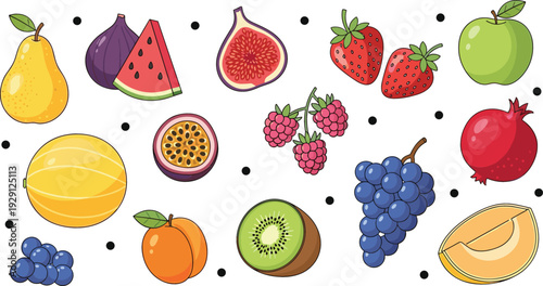 Colorful Fresh Fruit Vector Illustration Set with Apple Strawberry Grapes Kiwi Melon Fig and Tropical Healthy Food Collection