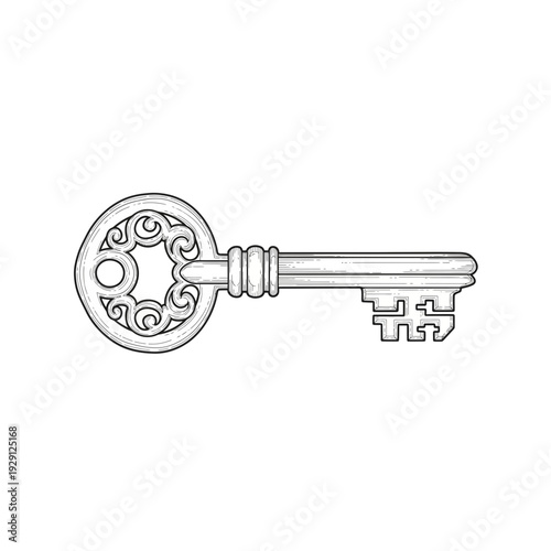 Ornate Key Drawing, Vintage Design, Elegant Outline Style
