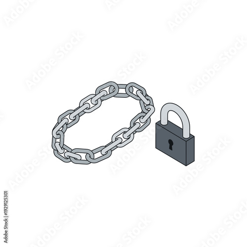 Isometric Metal Chain and Open Padlock Vector Illustration Security Concept