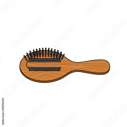 Classic Wooden Hairbrush with Metal Bristles Vector Grooming Tool