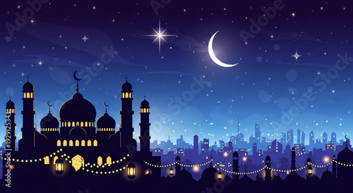 Ramadan kareem illustration with mosque silhouette at night crescent moon stars and city skyline with string lights
