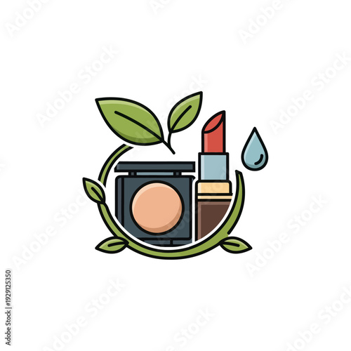 Natural beauty products with leaves and water drop icon