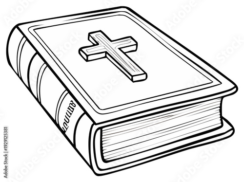 Outlined illustration of a closed book with a cross on the cover.