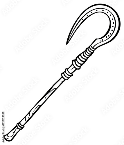 Illustrated image of an ornate, curved hook and staff. Fantasy weapon.