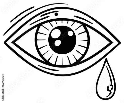 Stylized eye with tear flowing, black and white illustration, graphic design element