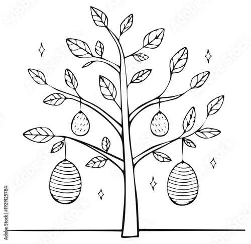 Whimsical hand-drawn illustration of a stylized tree bearing unique, patterned fruits and sparkling stars