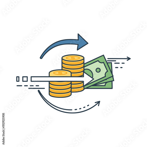 Money exchange concept with coins, banknotes, and transfer arrows