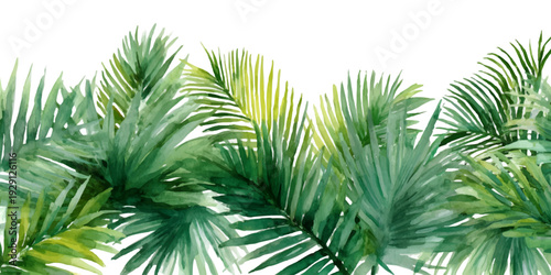 Tropical watercolor leaves create a lush jungle border. Vibrant palm foliage and exotic plants form an elegant summer banner with empty space for text and botanical design.