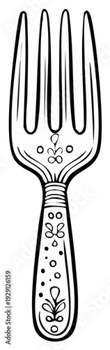 Black and white illustrated fork with decorative floral design isolated