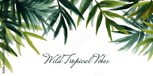 Exotic jungle foliage banner with vibrant monstera and coconut palms. Lush botanical border template featuring realistic green plants, perfect for summer backgrounds and creative designs.