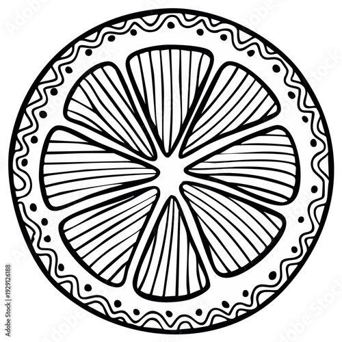 Monochrome citrus slice illustration with decorative border design for coloring, art, prints, or graphic arts