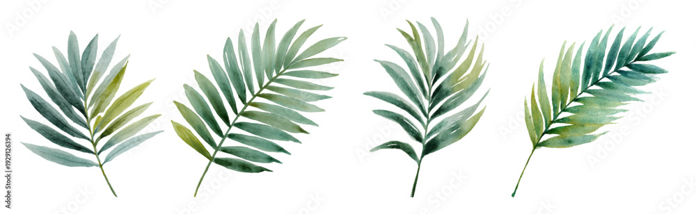 Fototapeta premium Tropical palm leaf collection in watercolor style showcasing exotic jungle foliage. Vibrant green botanical set ideal for summer patterns, floral backgrounds, and nature-inspired design elements.