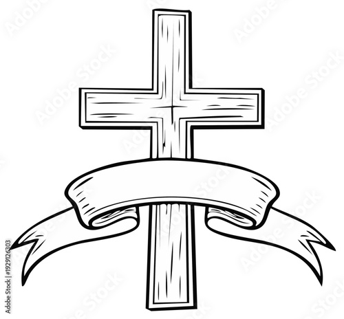 Traditional Christian Cross with a Blank Ribbon Banner Element for Text or Symbol