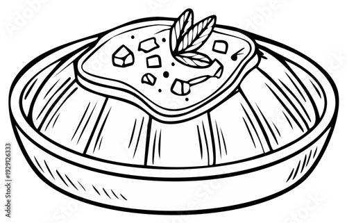 Sketch of an Asian noodle dish with tofu and herbs in a bowl, illustration for cookbook or menu.