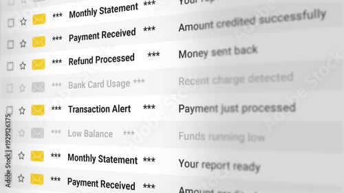 Banking and Finance Email Scrolling List. Transaction Alerts, Payment Confirmations, Account Statements, Balance Notifications, Investment Updates and Refund Process. 4K 2D Video Animation