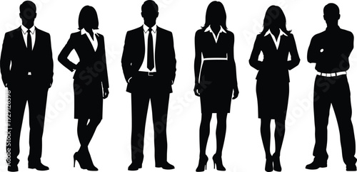 Black and white silhouettes of professional business people wearing suits and formal dresses for corporate office and fashion vector design