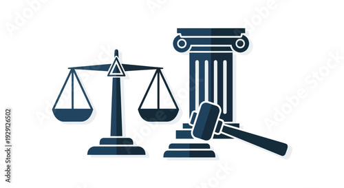 Justice scales balance, classical column, and gavel icon