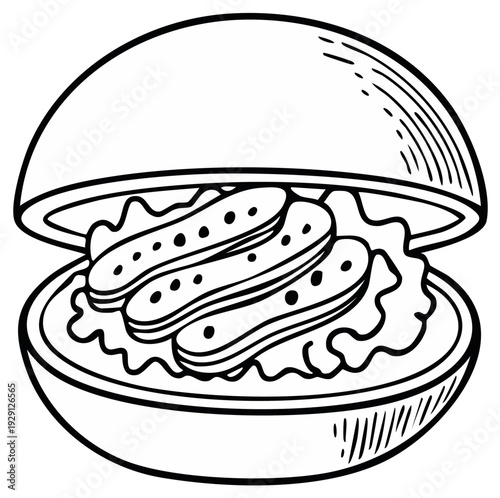 Burger illustration with pickles and lettuce in a bun