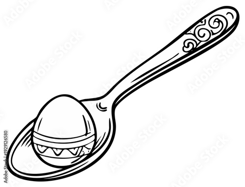 Easter egg in ornamented spoon, line art illustration, spring holiday symbol.