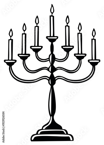 Black and white illustration of a seven branched candelabrum with lit candles