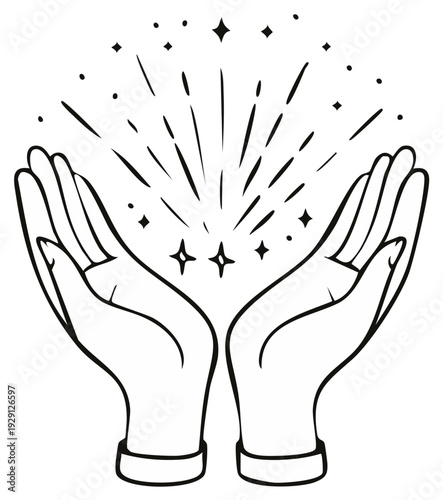 Open hands with radiating light and sparkles symbol of magic and wonder