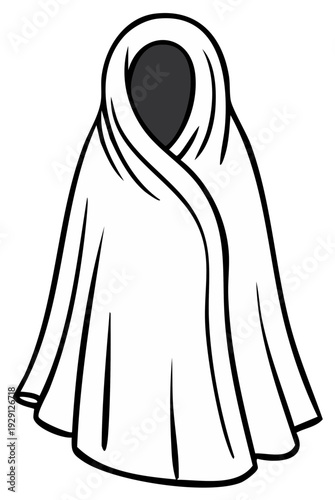 Ghostly Figure Wrapped in White Sheet Costume Halloween Spooky Season Black and White Cartoon Style