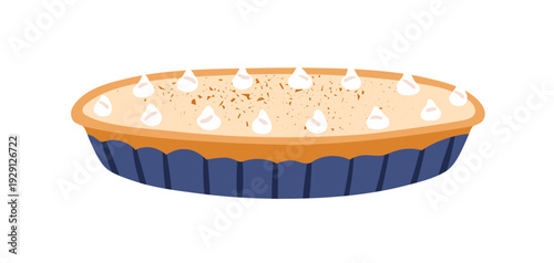 Tart, sweet creamy pie dessert. Homemade bakery in dish. Baked patisserie, cheesecake with vanilla cream filling, shortcrust, dough crust. Flat vector illustration isolated on white background