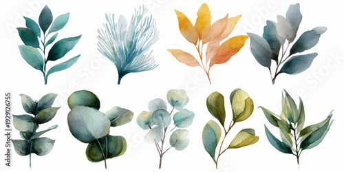 Watercolor green leaves and botanical foliage set. Hand-painted leaf elements with eucalyptus branches, perfect for floral wedding designs and spring patterns.