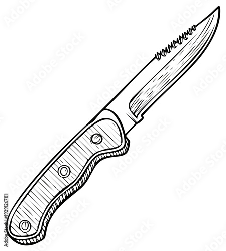 Hand drawn illustration of a hunting knife with a serrated edge and textured handle