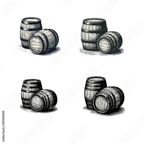 Vintage Engraved Wooden Barrels Illustration Set