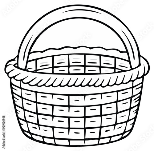 Black and white woven basket with handle, illustration