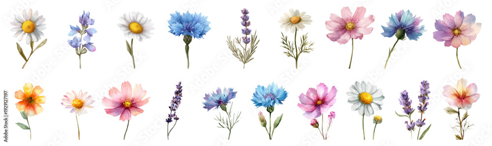 Naklejka premium Summer meadow collection with hand-painted poppies, chamomiles, cosmos, and cornflowers. Botanical illustrations perfect for wedding invitations, cards, borders, and nature-inspired prints.